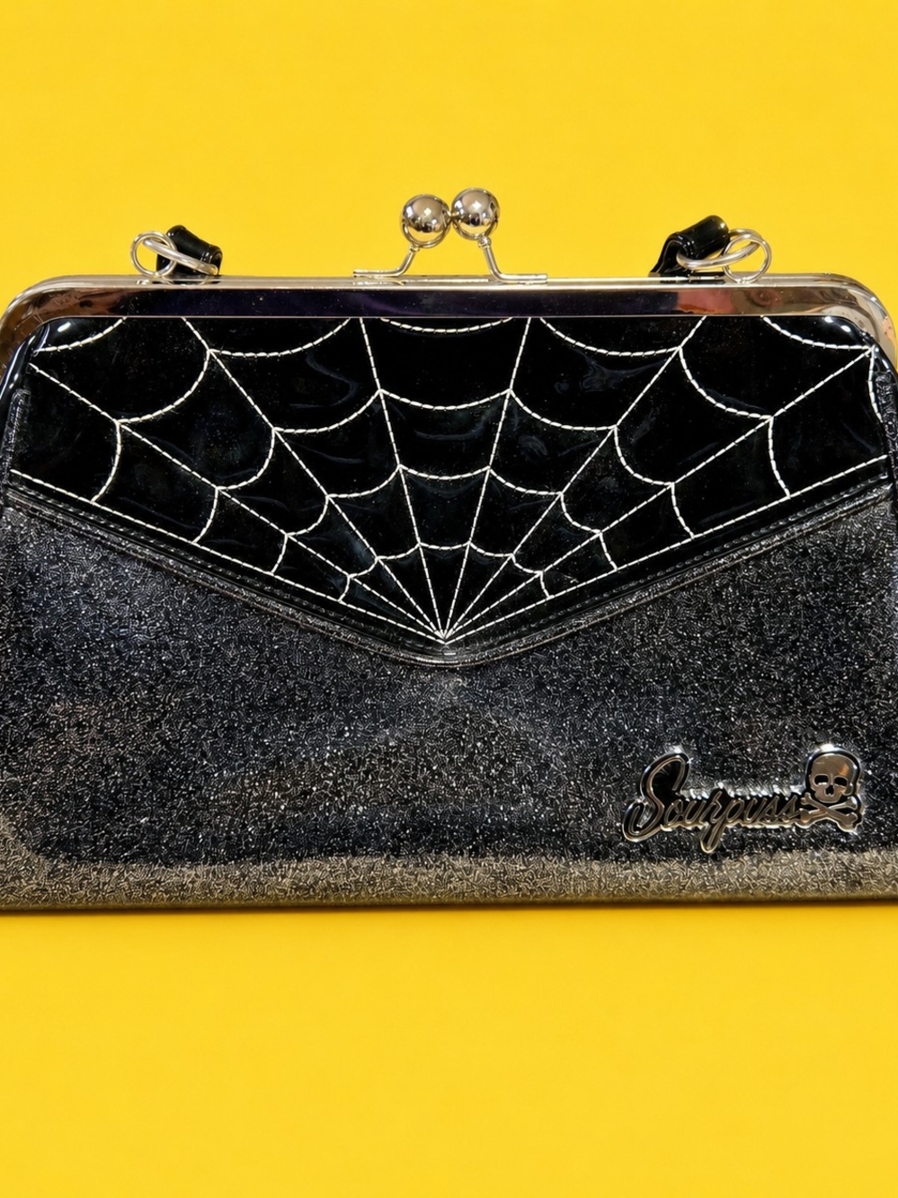 ON HOLD! FOR EARLY_SUNSTS Sourpuss Black Glitter Spiderweb Kiss-Lock Clutch